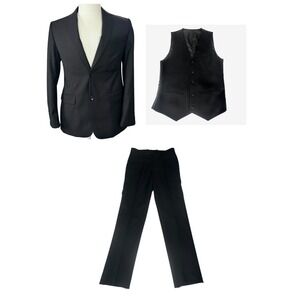 Cavarelli Slim Fit 3 Piece Suit Mens 38R Black Modern Wedding Formal 30 Waist